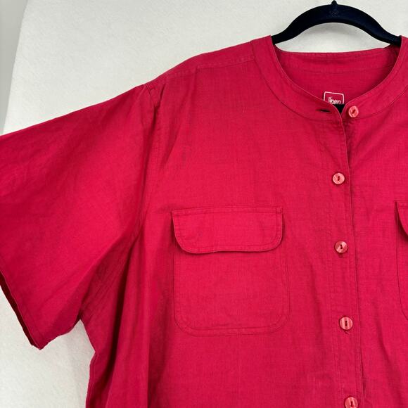 Avenue Blouse Top Women's Size 22/24 Red Linen Cotton Blend Button Up Pockets - Picture 2 of 8